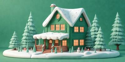 Primary subject: A green house with a white roof and snow on it.

Setting/background: A snowy landscape with trees in the background.

Visual style: Digital art

Colors and mood: The house is predominantly green, and the snow adds a cold and wintry atmosphere to the scene.